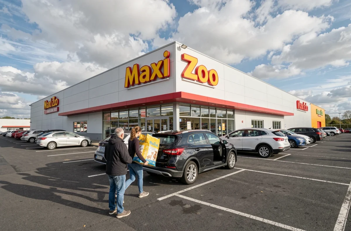 Extérieur du Maxi Zoo de Beaucouzé avec une famille portant des sacs d'alimentation pour animaux dans un parc commercial