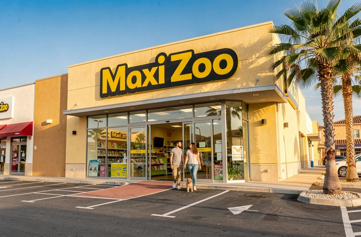 Façade extérieure d'un magasin Maxi Zoo en zone commerciale de la région PACA avec couple et chien
