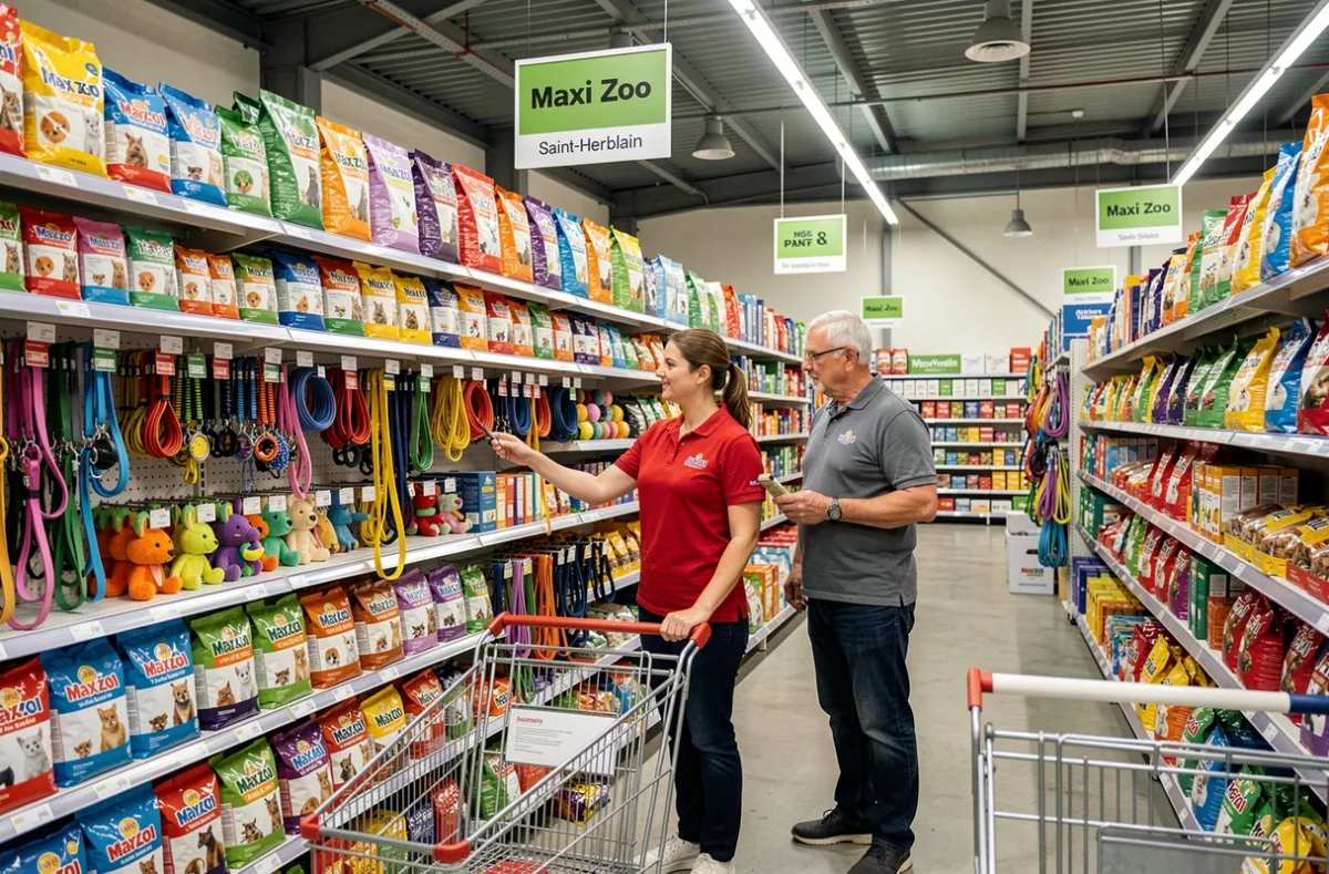 Intérieur du Maxi Zoo de Saint-Herblain avec une employée aidant un client dans un rayon d'accessoires pour animaux