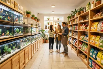 Intérieur d'une animalerie chaleureuse des Pays de la Loire avec aquariums, cages et rayons d'accessoires pour animaux