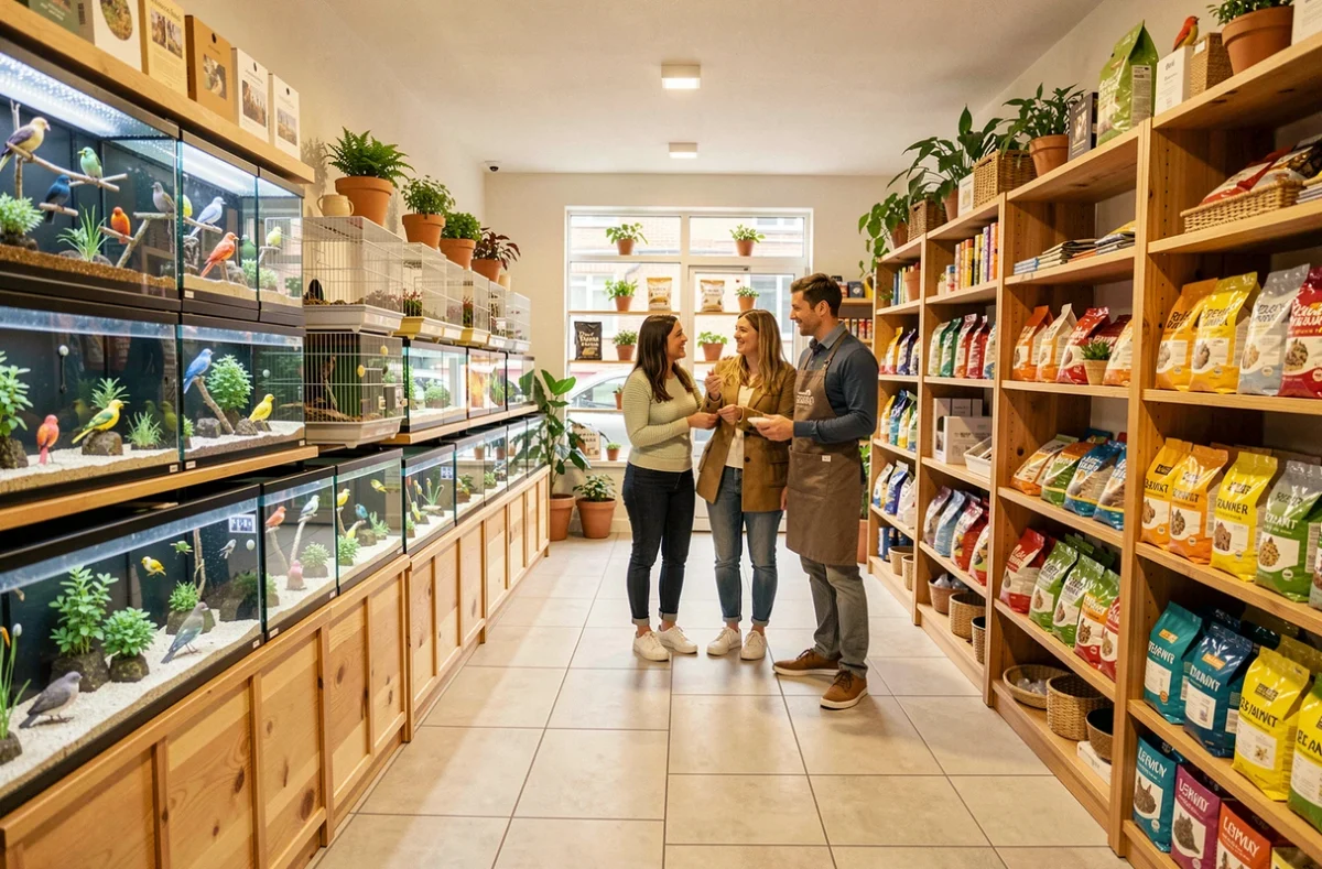 Intérieur d'une animalerie chaleureuse des Pays de la Loire avec aquariums, cages et rayons d'accessoires pour animaux