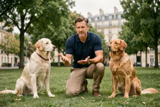 Un éducateur canin professionnel en Île-de-France guidant plusieurs chiens dans un parc verdoyant