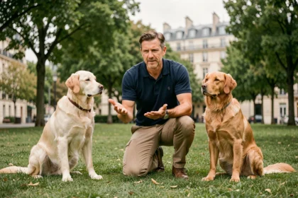 Un éducateur canin professionnel en Île-de-France guidant plusieurs chiens dans un parc verdoyant