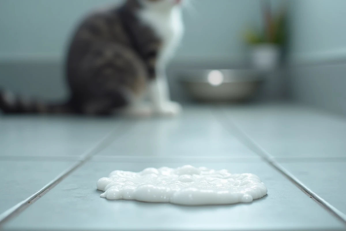 Mousse blanche vomie par un chat sur un carrelage gris, avec le chat visible en arrière-plan flou dans la cuisine