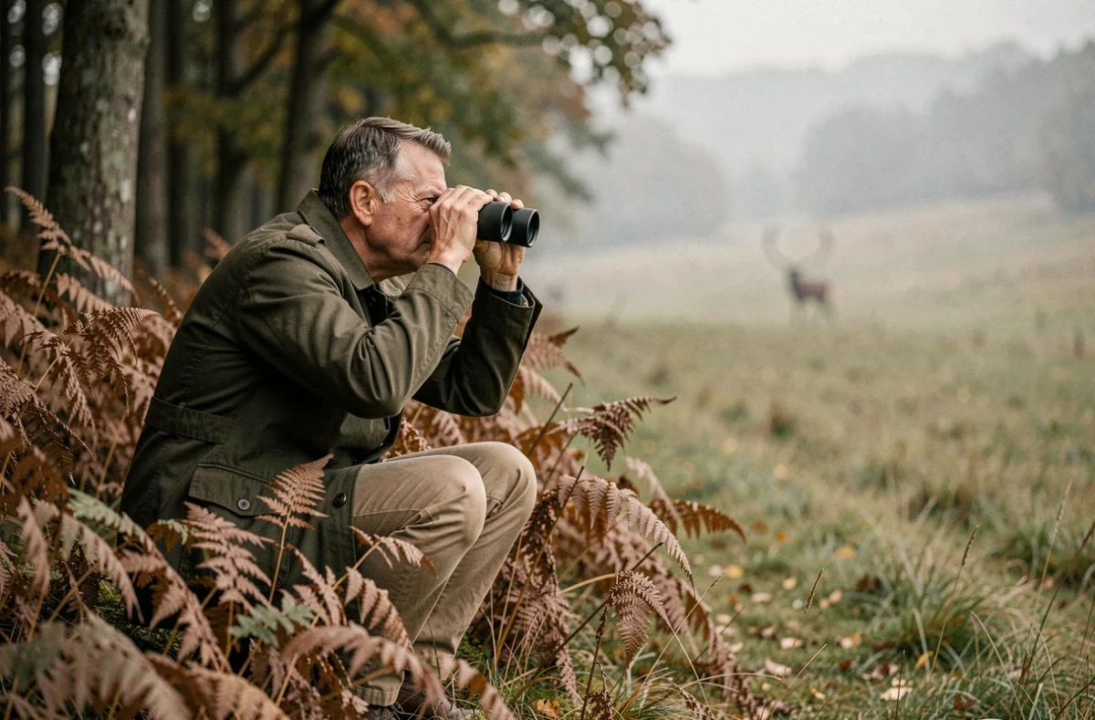 Observateur solitaire en tenue de camouflage naturel à l'affût du brame du cerf dans une forêt de chênes en automne