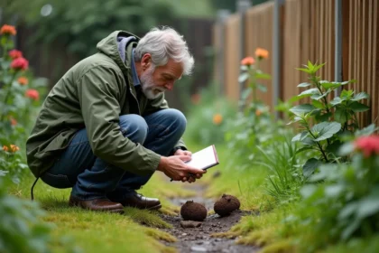 Homme observant des excréments d'animaux dans un jardin