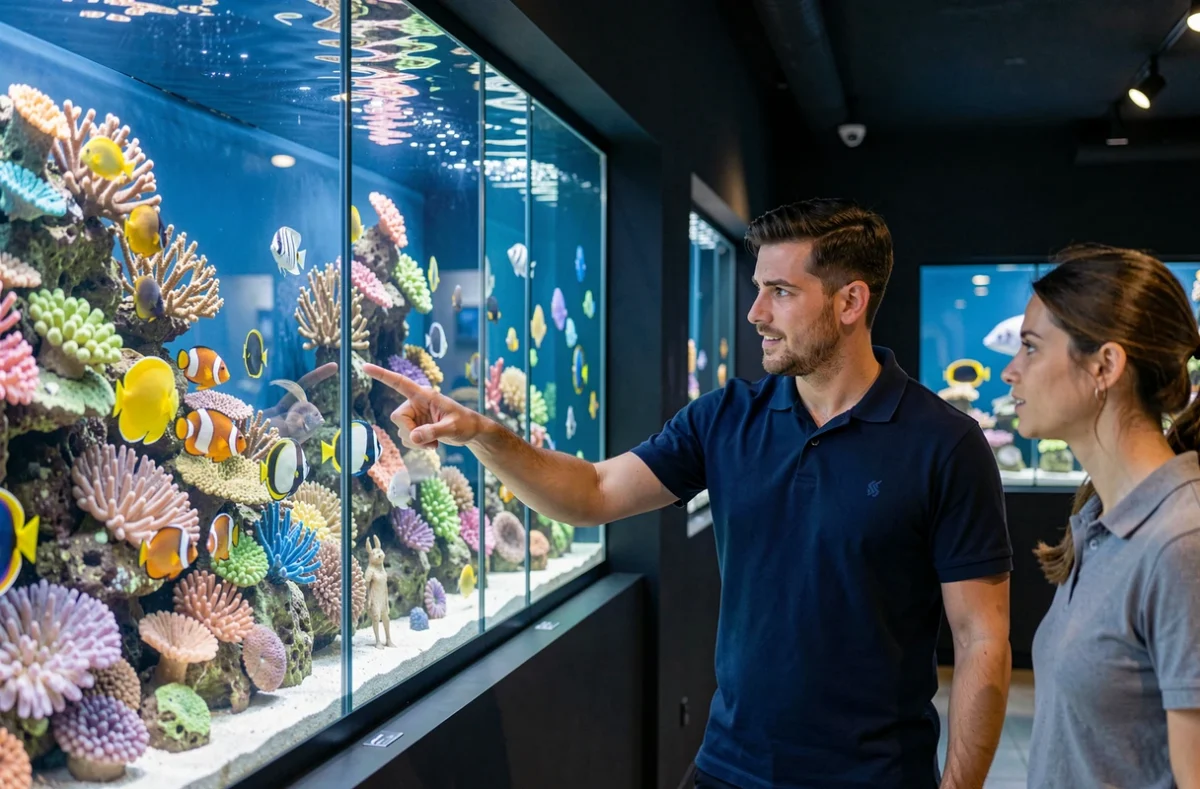 Mur d'aquariums marins chez Océania Aquarium à Nice avec expert présentant des poissons tropicaux à un client