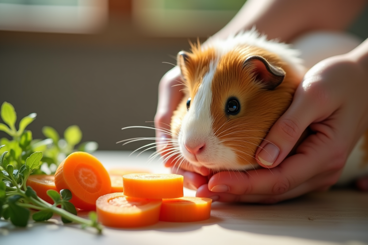 Mains offrant carottes tranchées et feuilles vertes à un cochon d