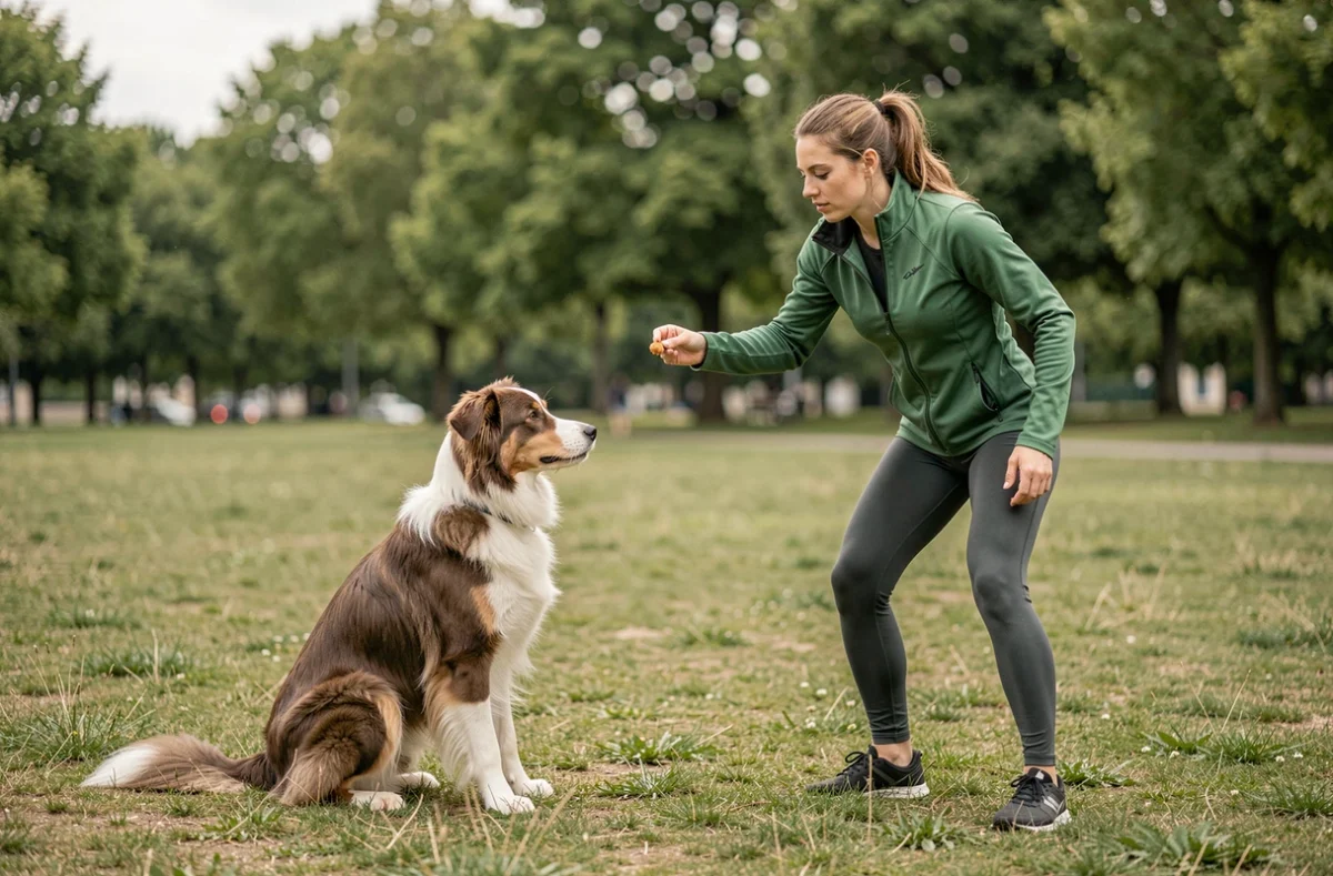 Une éducatrice canine pratiquant le renforcement positif avec un border collie dans un parc de banlieue parisienne