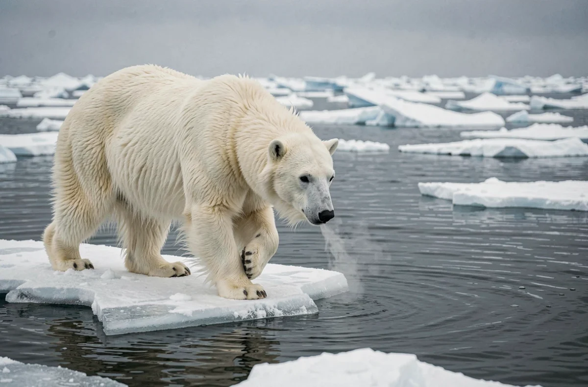 Ours polaire marchant sur la banquise fragmentée de l'Arctique