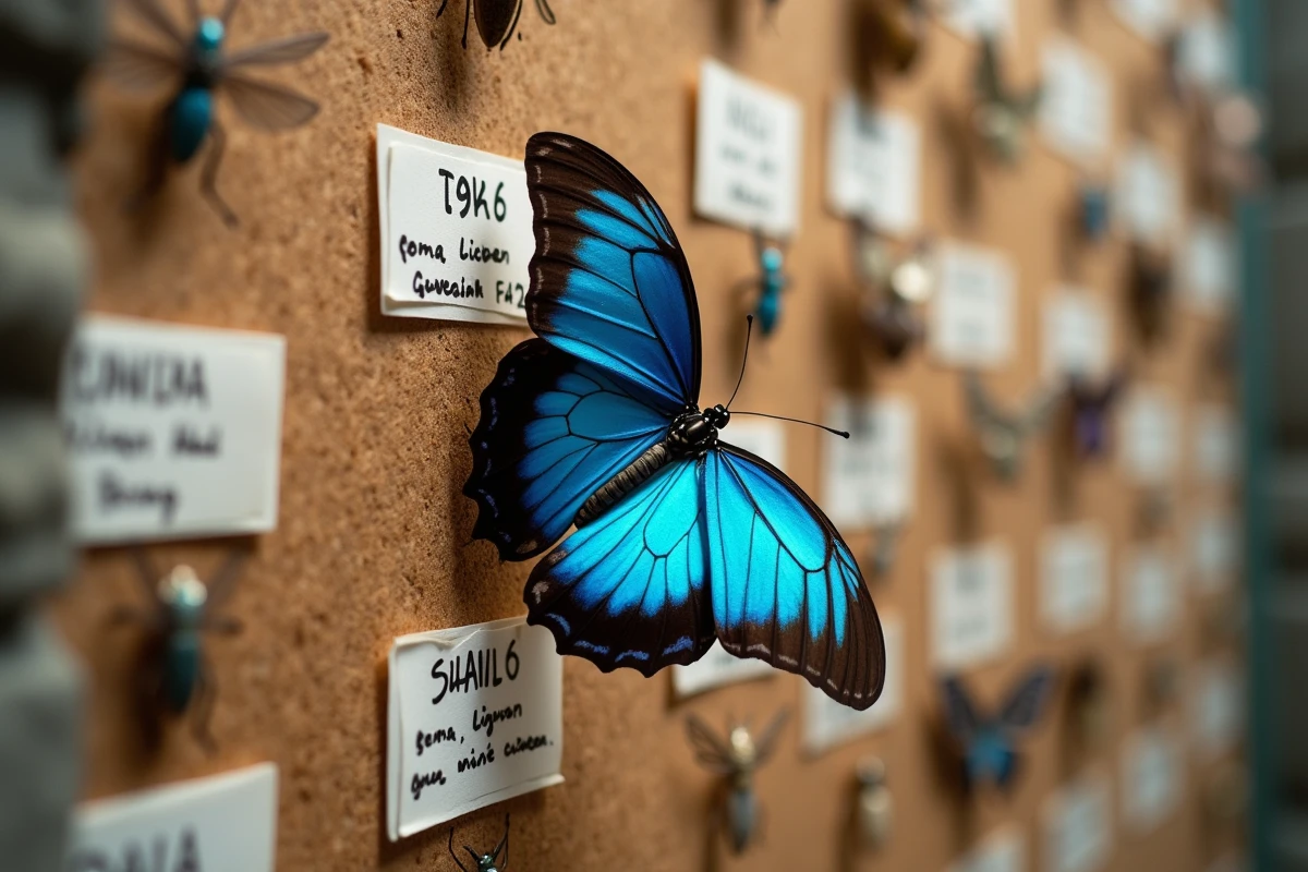 Papillon morpho bleu épinglé sur un tableau entomologique avec étiquettes de noms scientifiques latins dans un musée