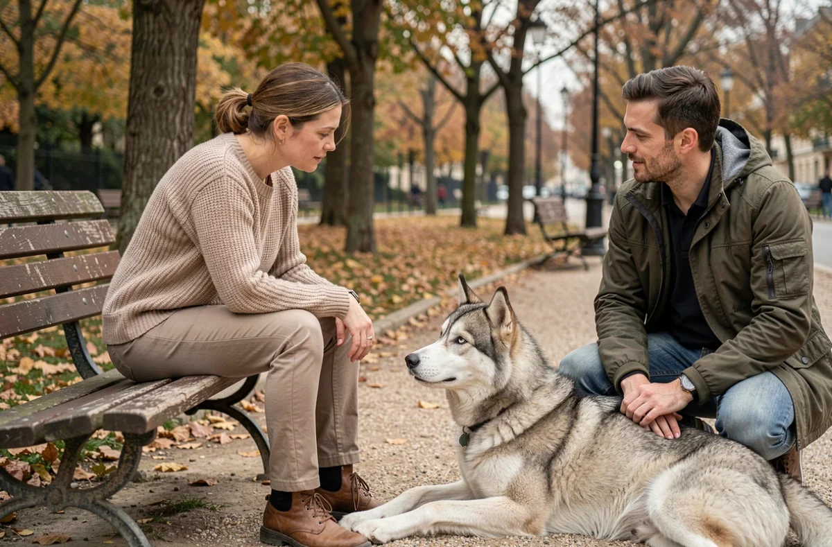 Une éducatrice de Parlez Vous Chien en dialogue avec un propriétaire et son husky dans un parc parisien