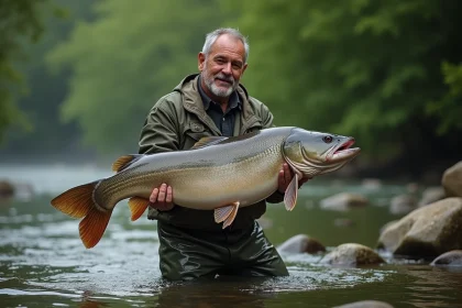 Pêcheur moyenâgeux tenant un gros silure dans la rivière