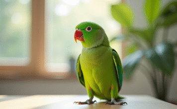 Investissement dans un perroquet parlant : combien faut-il prévoir ? Perroquet vert perché sur une table moderne en intérieur