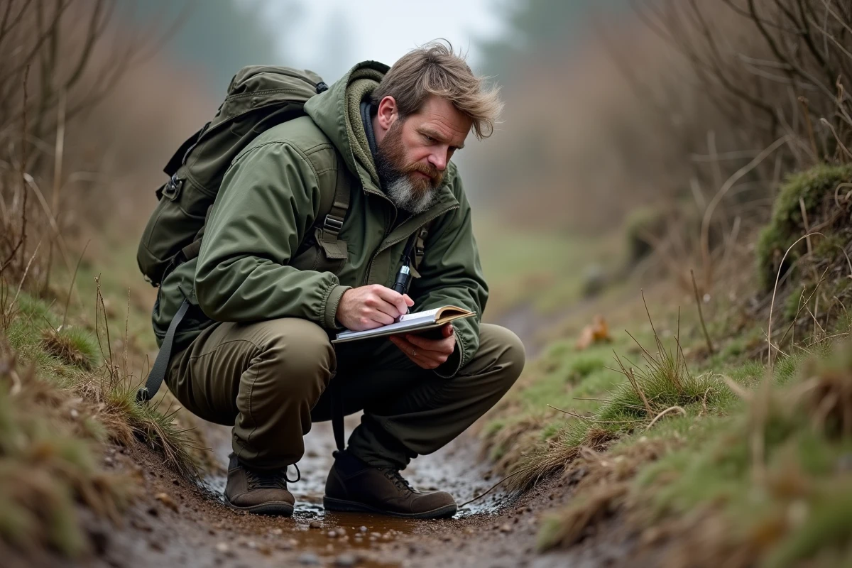 Pisteur naturaliste accroupi observant une latrines de blaireau en bordure de haie rurale avec carnet de notes et loupe de terrain