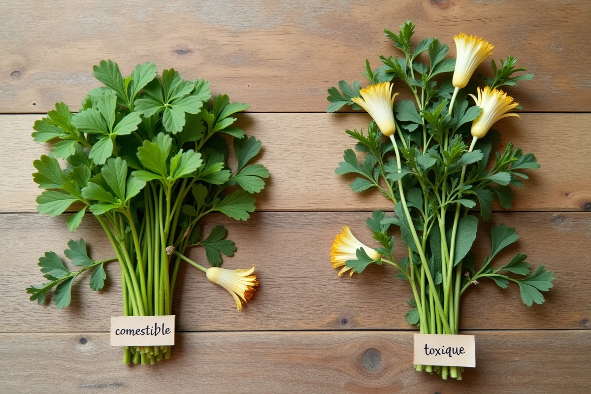 Comparaison entre plantes comestibles et toxiques pour tortue posées sur une table en bois