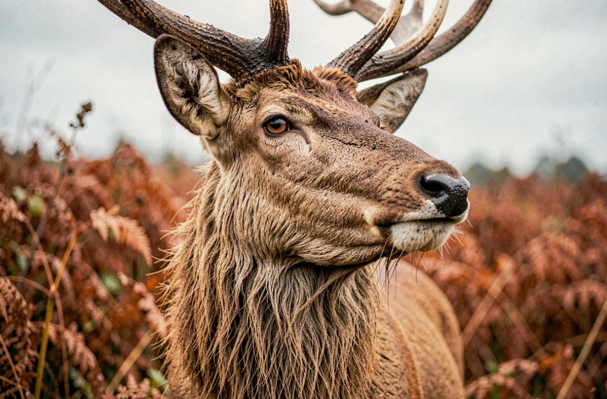 Portrait en gros plan d'un cerf élaphe pendant le brame, regard intense, bois couverts de boue, forêt automnale en arrière-plan flou