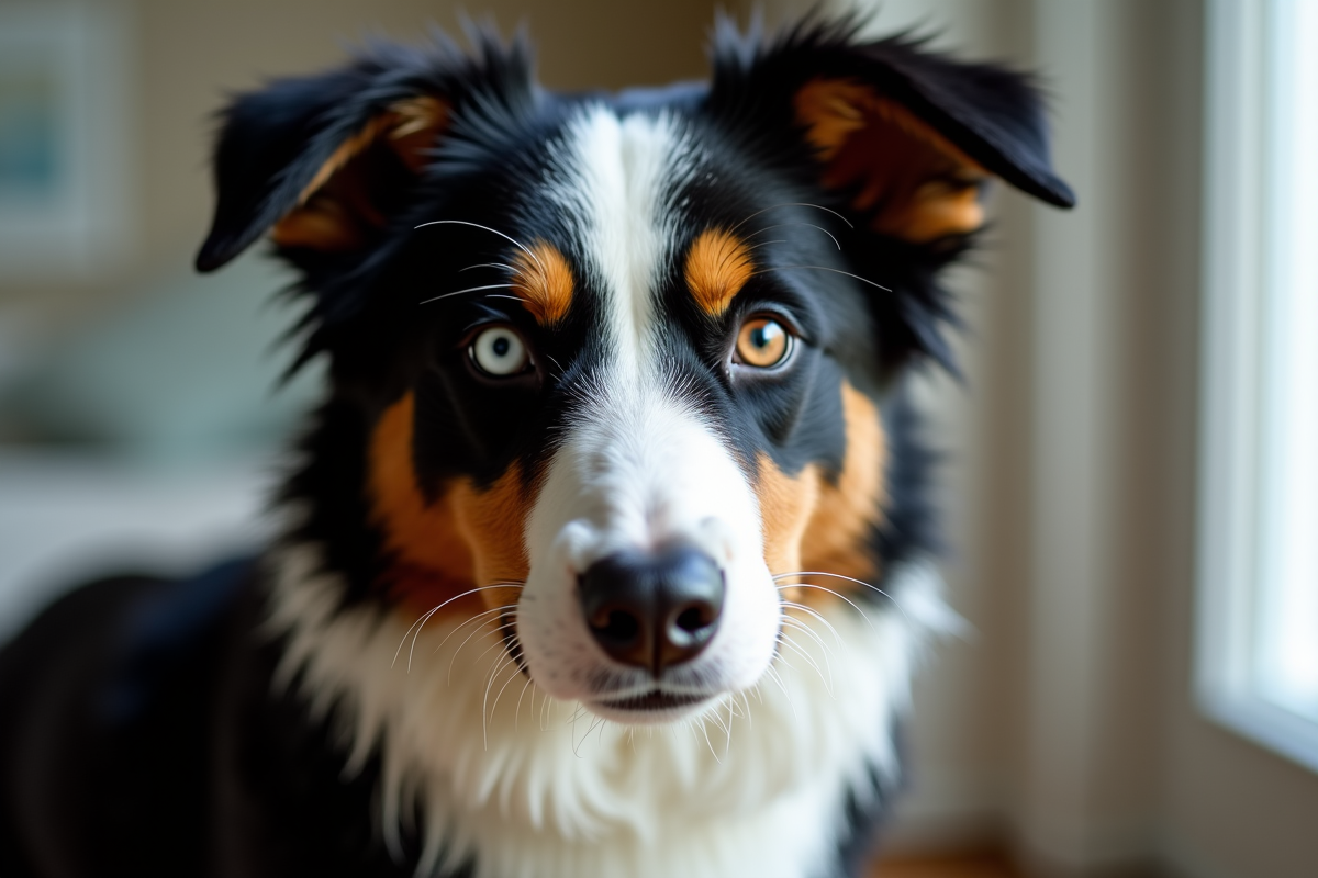 Portrait rapproché d un chien mix Border Collie et Australian Shepherd avec yeux hétérochromes