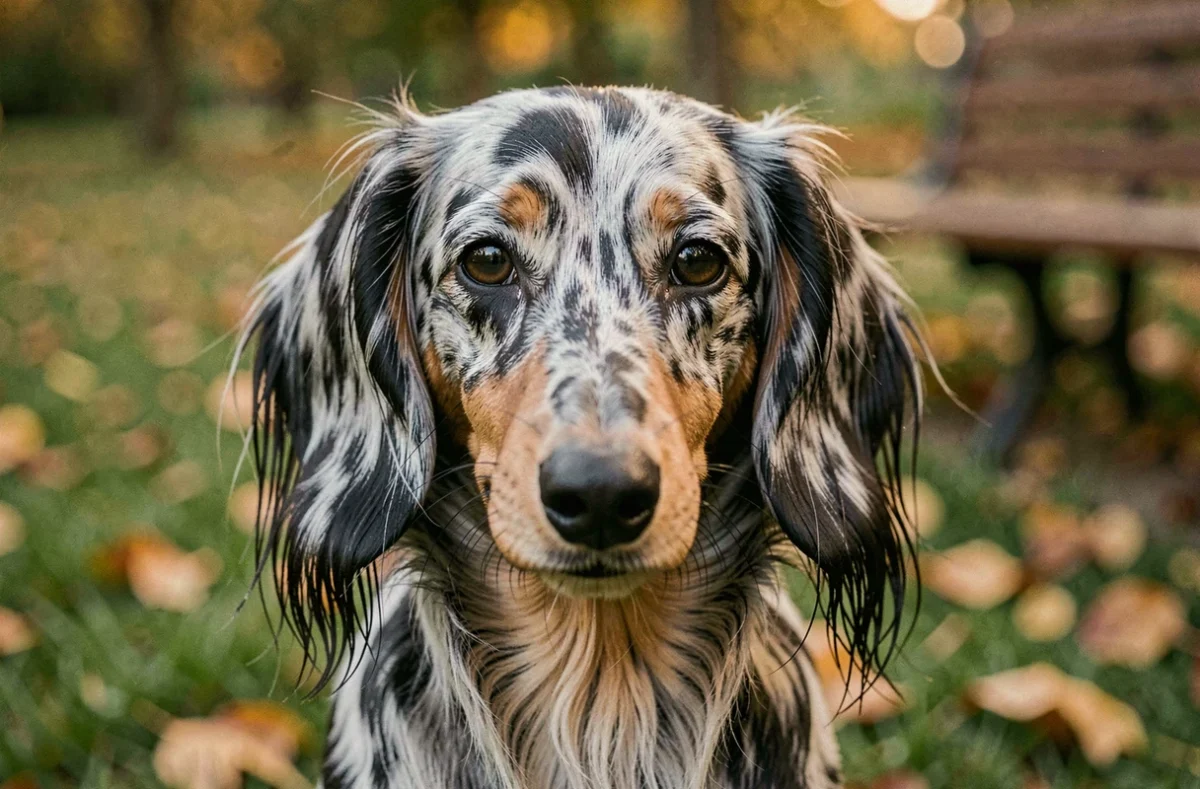 Portrait en gros plan d'un Teckel Arlequin poil long en extérieur, race de chien nécessitant une couverture d'assurance adaptée