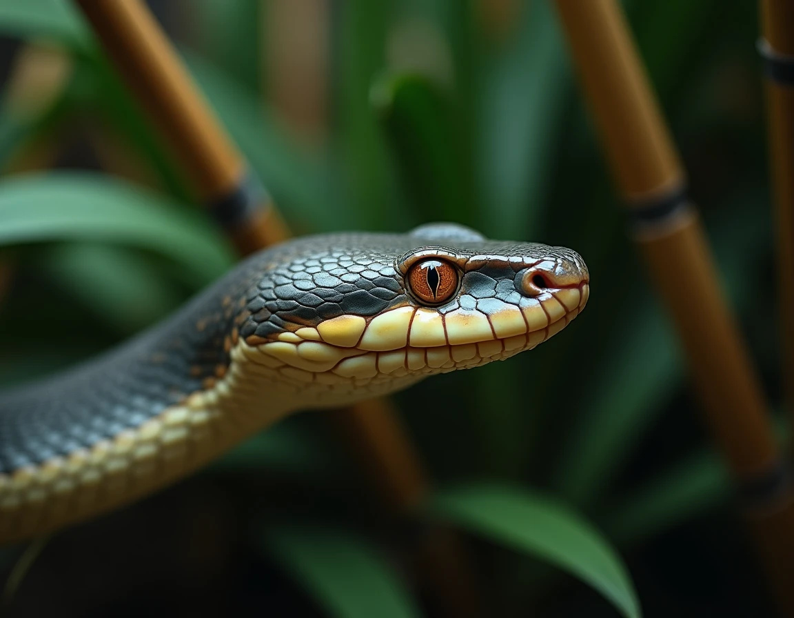 Portrait en gros plan de la tête d'un python réticulé montrant son œil à pupille verticale et ses fossettes thermosensibles, détails des écailles irisées visibles