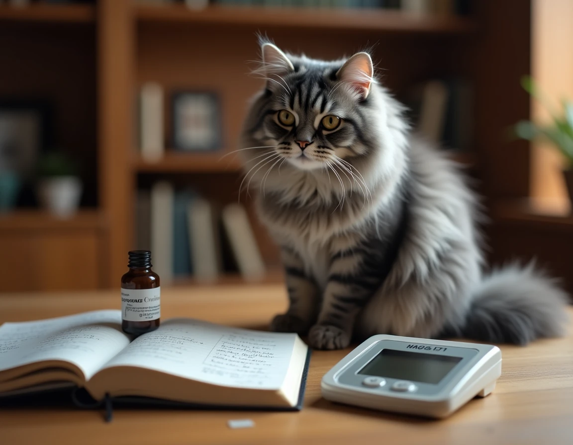 Chat persan gris assis près d'une balance numérique et d'un flacon d'argent colloïdal avec notes de posologie