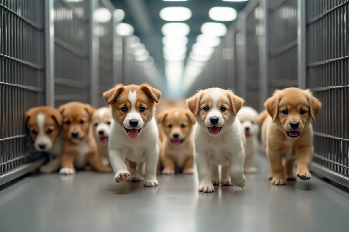 Lignes de chiots joueurs dans des enclos lors d