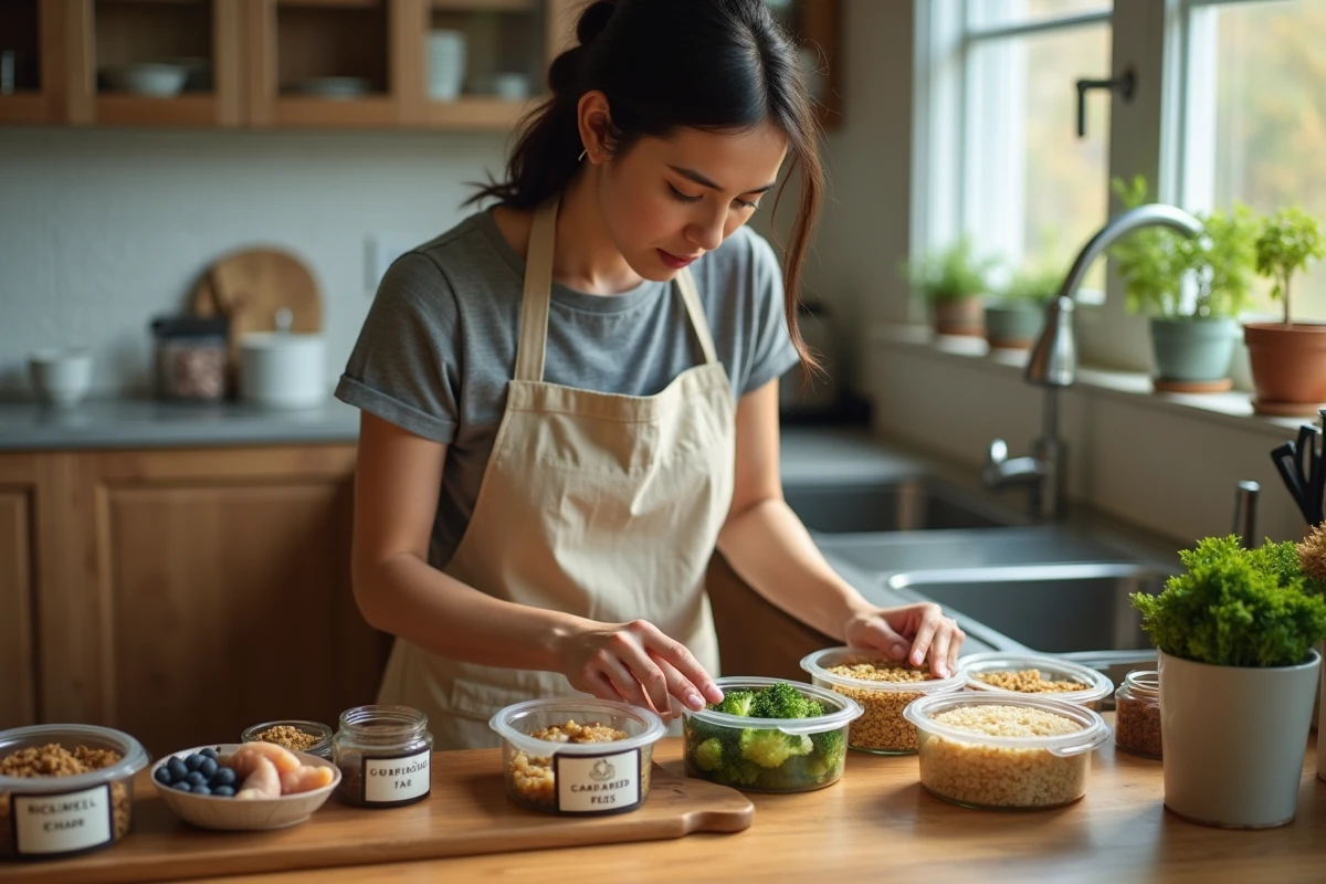 Femme préparant des repas frais pour chien avec des ingrédients naturels dans une cuisine, comparaison de régimes alimentaires pour chiens