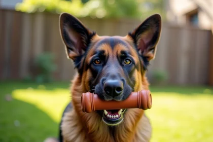 Berger Allemand adulte tenant un jouet en caoutchouc entre ses mâchoires dans un jardin, illustrant la puissance de morsure du chien
