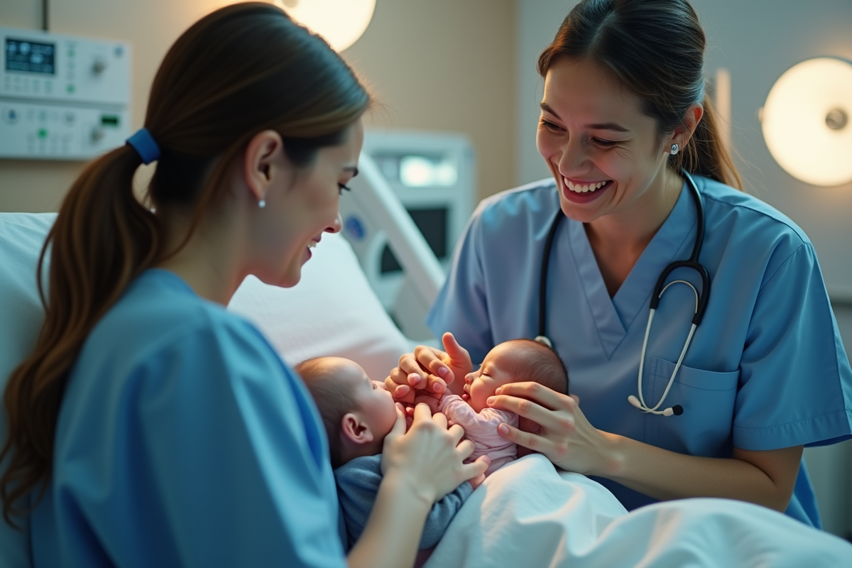 Professionnel de santé aidant un parent à nourrir des jumeaux conjoins dans une salle d
