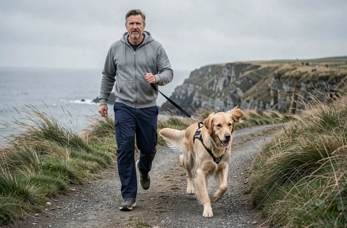 Homme promenant un Golden Retriever en harnais sur un sentier côtier, plan large en contre-plongée