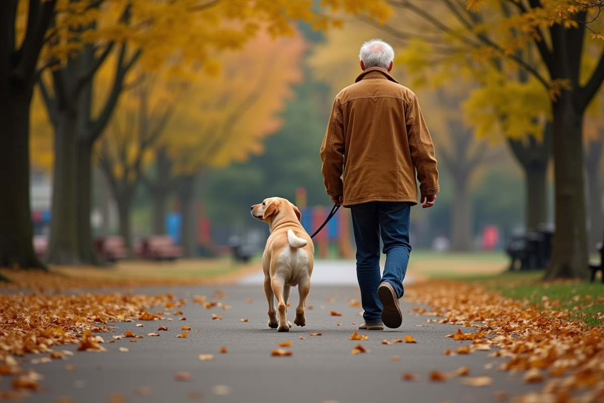 Homme âgé marchant avec un labrador dans un parc automnal