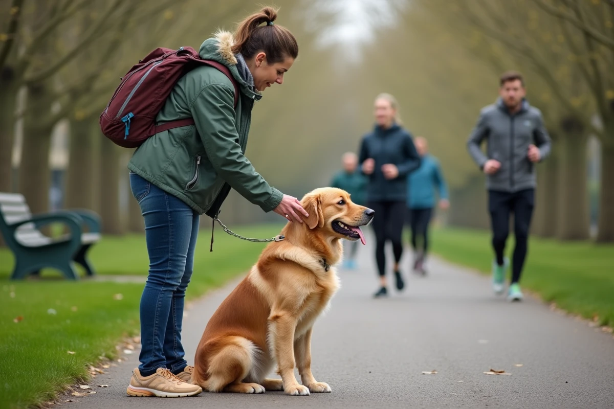 Femme avec chien assis dans un parc urbain au printemps