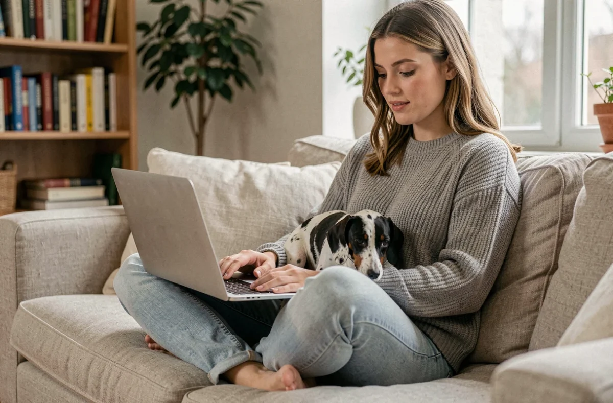 Femme consultant une offre d'assurance pour son teckel nain arlequin confortablement installé sur ses genoux à la maison