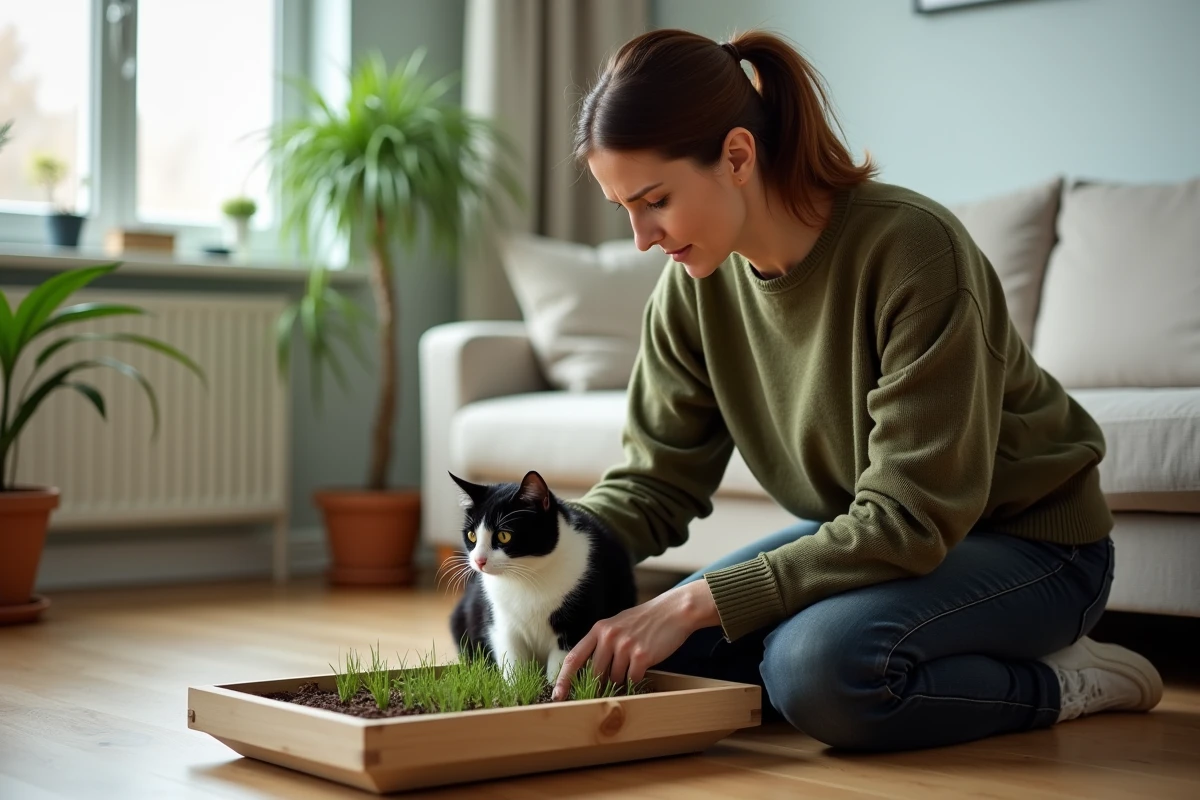 Femme examinant de l'herbe à chat mâchée dans un bac à plantes avec son chat noir et blanc à ses côtés