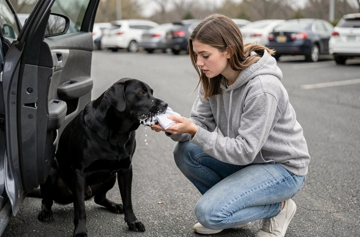 Propriétaire essuyant la bave blanche de son chien labrador après un trajet en voiture