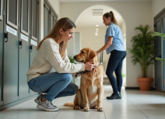 Confier son chien en pension : avantages et inconvénients à considérer Femme réconfortant son chien au reception d'un centre canin