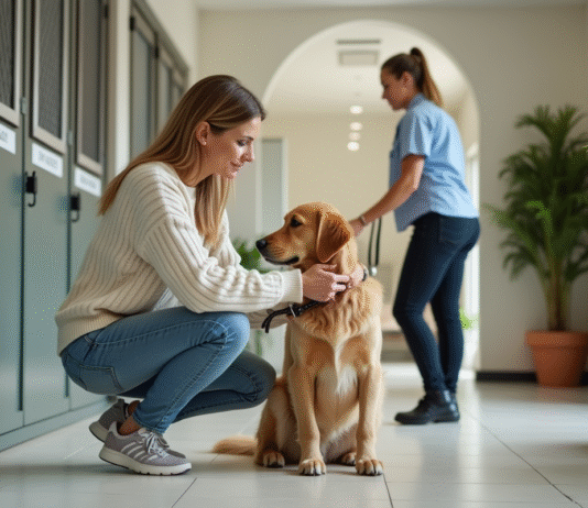 Confier son chien en pension : avantages et inconvénients à considérer Femme réconfortant son chien au reception d'un centre canin