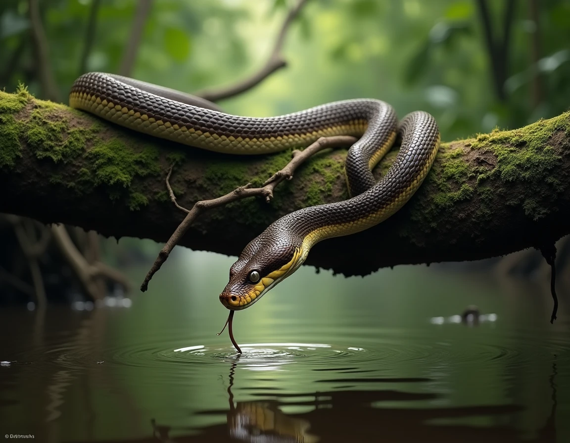 Python réticulé en position d'affût sur une branche au-dessus d'une rivière tropicale, langue sortie, illustrant son comportement de chasse à l'embuscade