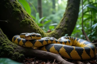 Python réticulé géant enroulé sur le sol d'une forêt tropicale d'Asie du Sud-Est, montrant ses écailles irisées aux motifs géométriques dorés et noirs
