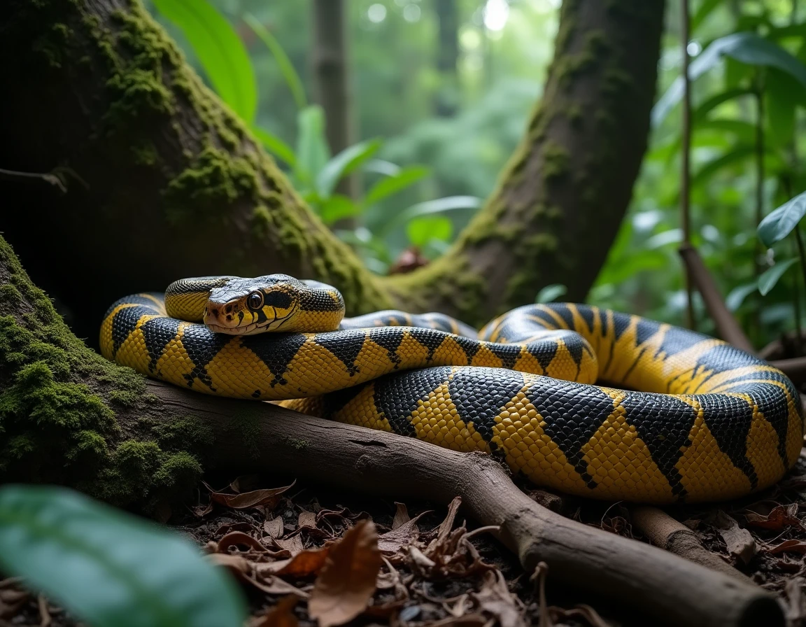 Python réticulé géant enroulé sur le sol d'une forêt tropicale d'Asie du Sud-Est, montrant ses écailles irisées aux motifs géométriques dorés et noirs