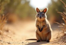 Quokka souriant sur chemin ensoleille en Australie