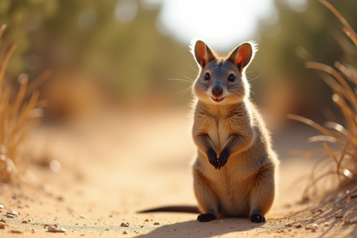Quokka souriant sur chemin ensoleille en Australie