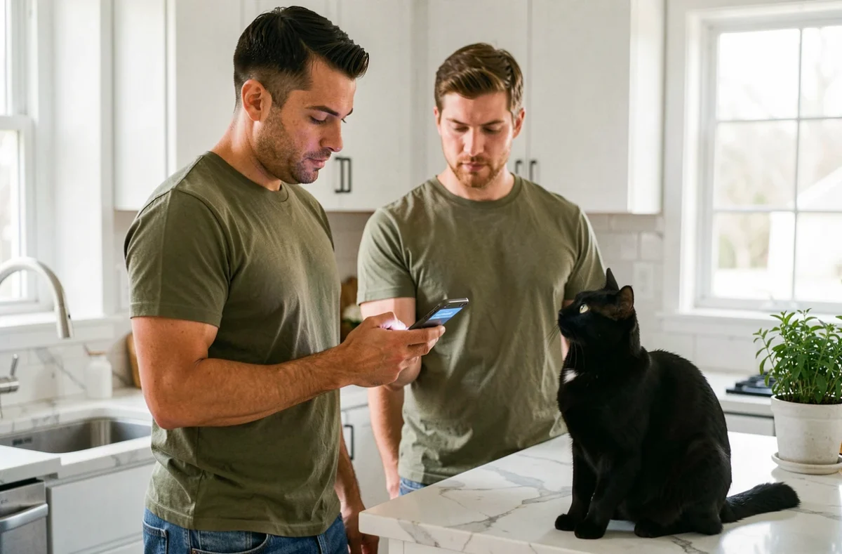 Homme recevant un rappel sur son téléphone pour administrer le traitement antipuce credelio à son chat noir
