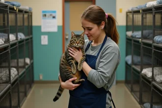 Bénévole tenant un chat tigré dans les bras au sein d'un refuge animalier à Grenoble