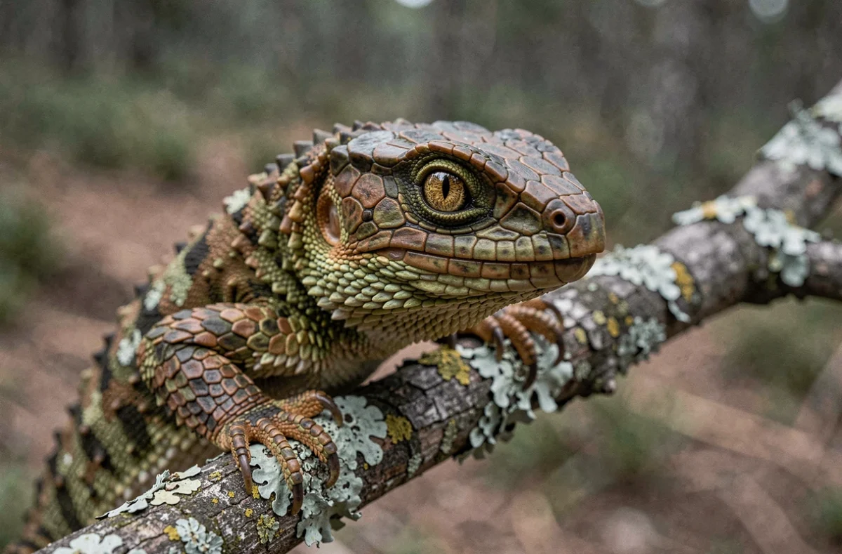 Portrait en gros plan d'un reptile rare aux écailles détaillées sur une branche en forêt, symbole de la disparition des espèces
