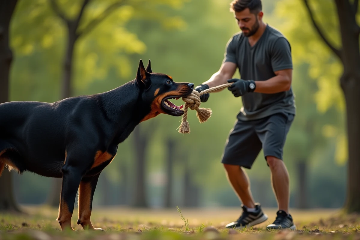 Rottweiler adulte mordant une corde lors d'un entraînement en plein air, démontrant la force et la pression de mâchoire du chien