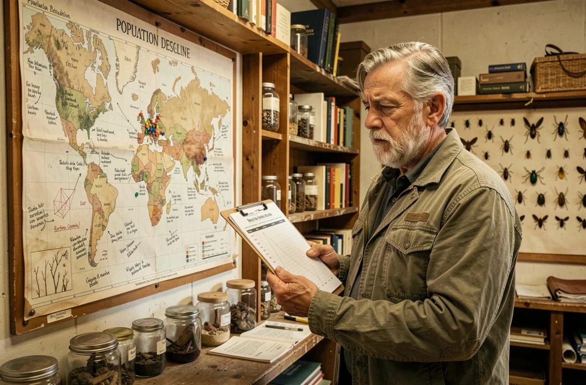 Scientifique en conservation étudiant une carte de déclin des populations animales dans une station de recherche, crise de la biodiversité