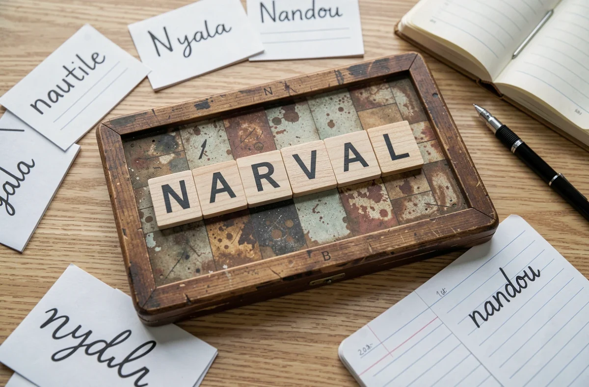 Plateau de Scrabble avec des tuiles épelant NARVAL entouré de fiches de vocabulaire sur les animaux en N pour révisions