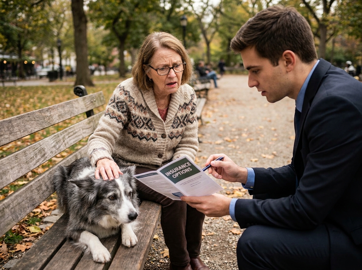Une femme âgée découvre avec surprise qu'une clause d'âge empêche d'assurer son border collie senior, lors d'un échange avec un agent d'assurance dans un parc.