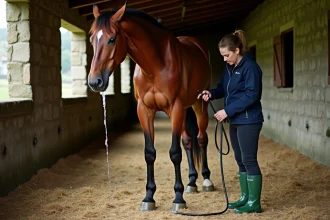 Femme appliquant un jet d'eau froide sur les membres inférieurs d'un cheval pour prévenir l'engorgement dans un box en paille